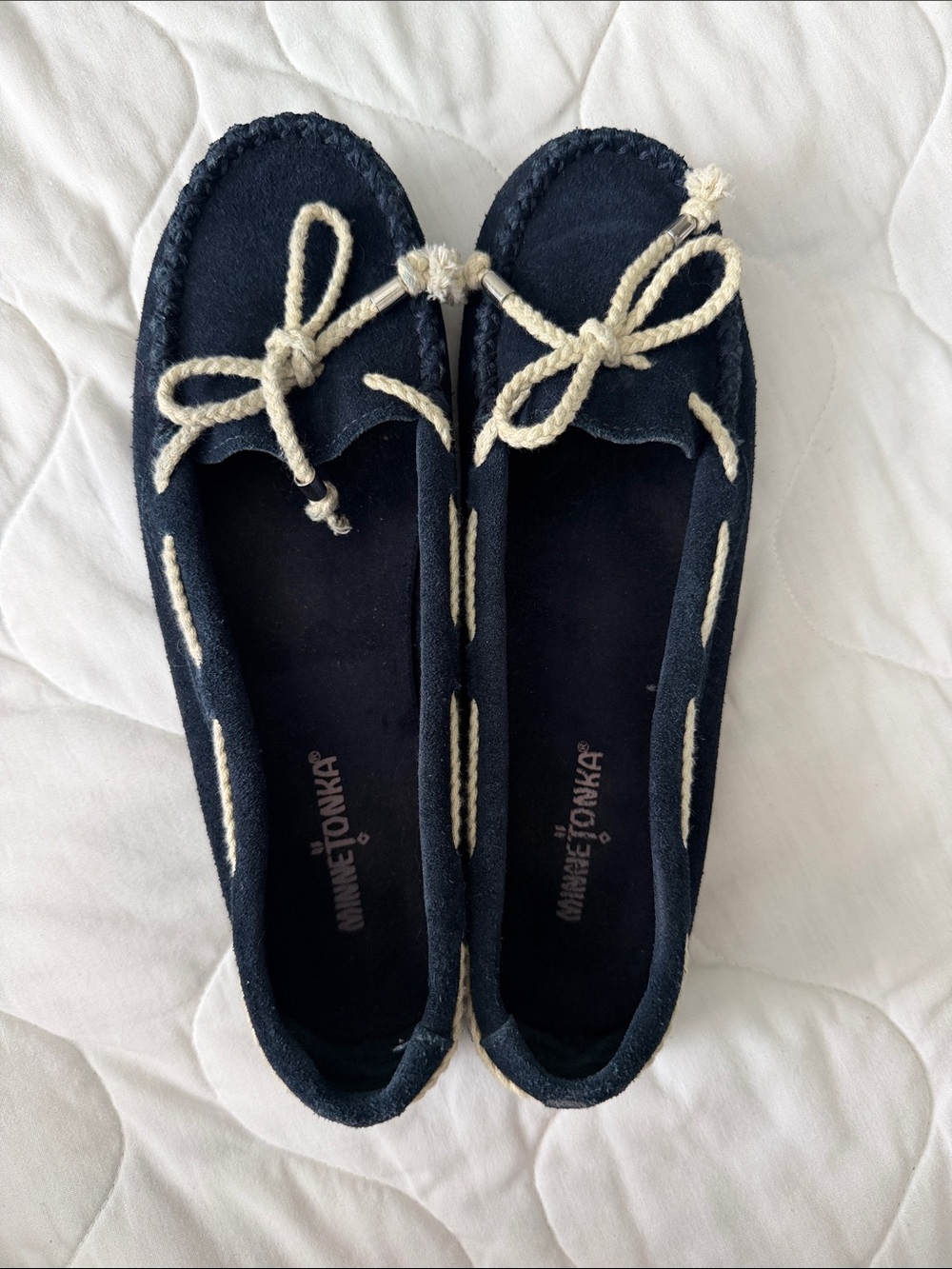 Minnetonka Navy Suede Moccasins with Cream Rope Trim